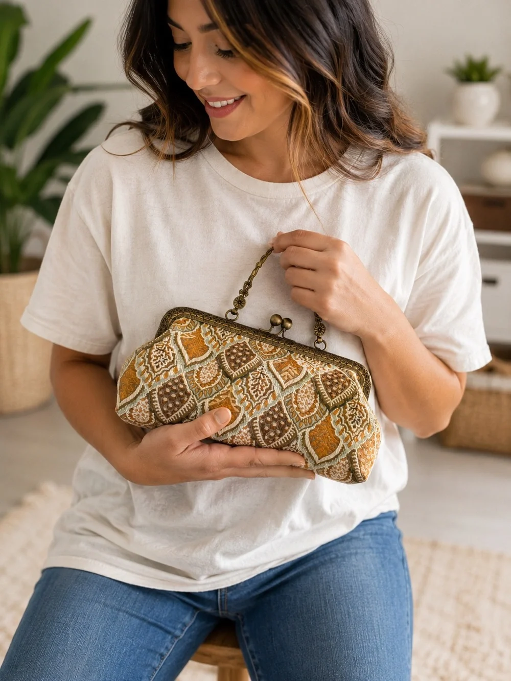 Handmade Boho Clutch Purse | Vintage Style Bronze Frame Bag
